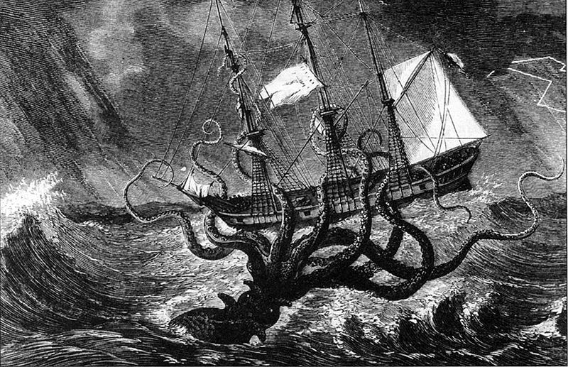 Depiction of giant squid attacking a ship