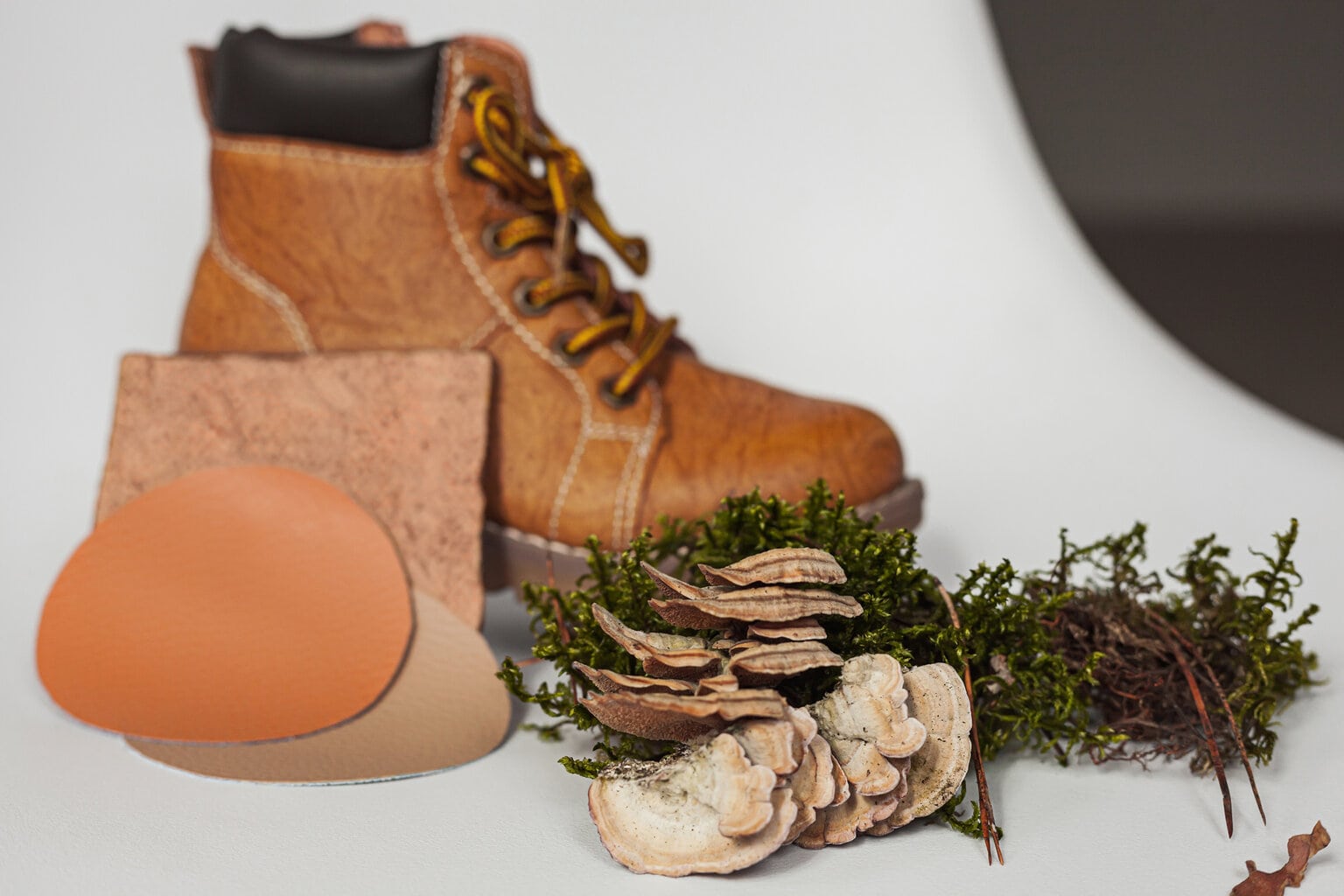 Vegan leather shoes from mushroom mycelium. samples of vegan bio leather, eco friendly concept