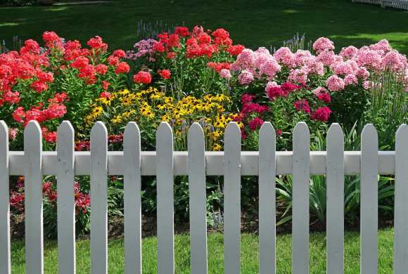 Vivid flower garden with white picket fence and lush green background, Earth Buddies eco-friendly gardening, sustainable outdoor space design, vibrant floral landscape.