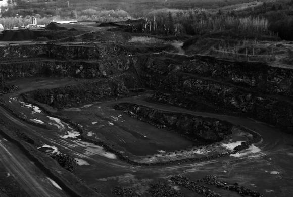 mining road grayscale photography