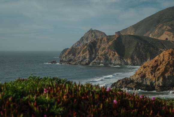 Rocky coastline with ocean waves and green foliage.
